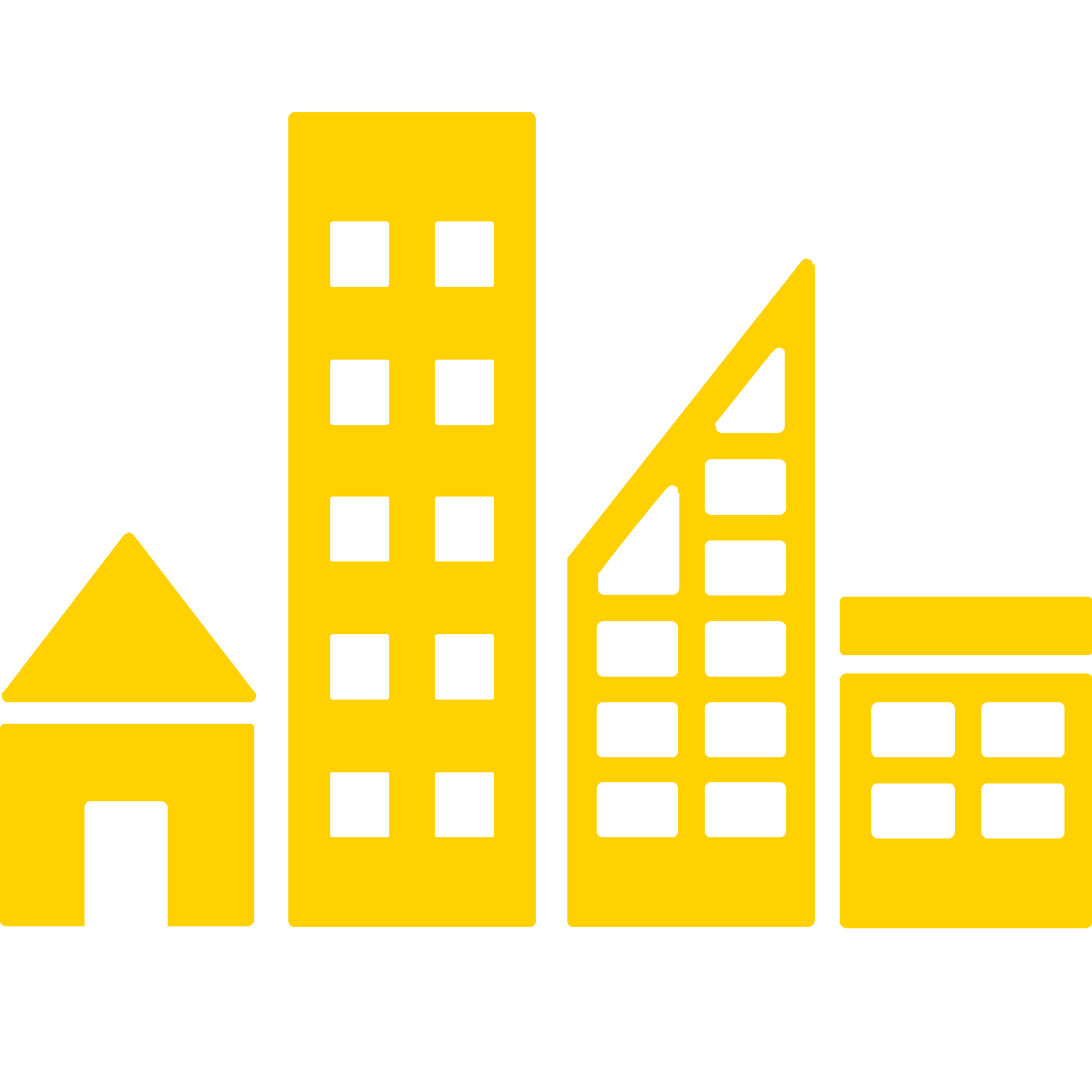 Graphic of four building representations within a community from a house to a high rise office building
